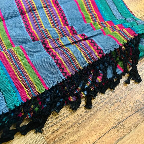 90s Vintage Boho Mini Skirt Aztec Striped Fringe Pleated Cotton Colorful Large - Picture 7 of 9